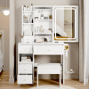 Small Space Left Drawer Desktop Vanity Table + Cushioned Stool, 2 AC+2 USB Power Station, Hair dryer bracket, Extra Large Touch Control Sliding LED Mi