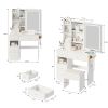 Small Space Left Drawer Desktop Vanity Table + Cushioned Stool, 2 AC+2 USB Power Station, Hair dryer bracket, Extra Large Touch Control Sliding LED Mi