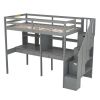 Twin Size Loft Bed Frame with Storage Staircase and Double Desks and Shelves,Gray