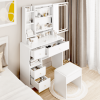 Small Space Left Drawer Desktop Vanity Table + Cushioned Stool, 2 AC+2 USB Power Station, Hair dryer bracket, Extra Large Touch Control Sliding LED Mi