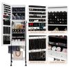 Full mirror wood flooring style, with storage shelves, white light beads, detachable foldable hanging bar at the back, jewelry storage mirror cabinet