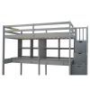 Twin Size Loft Bed Frame with Storage Staircase and Double Desks and Shelves,Gray