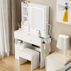 Small Space Left Drawer Desktop Vanity Table + Cushioned Stool, 2 AC+2 USB Power Station, Hair dryer bracket, Extra Large Touch Control Sliding LED Mi
