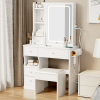 Small Space Left Drawer Desktop Vanity Table + Cushioned Stool, 2 AC+2 USB Power Station, Hair dryer bracket, Extra Large Touch Control Sliding LED Mi