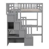 Full Size Loft Bed with Built-in Desk, Bookshelves and Storage Staircase,Grey(Old SKU:W504S00109)