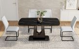 Table and chair set, minimalist dining table, imitation marble patterned glass tabletop, MDF legs with U-shaped brackets. Paired with comfortable chai